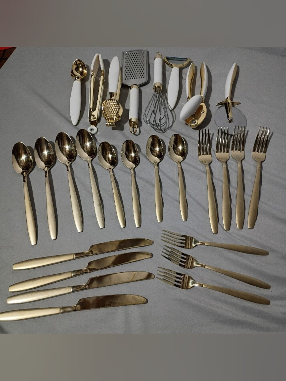 Gold Stainless Steel Flatware Set with White-Handled Kitchen Tools 27 Pieces